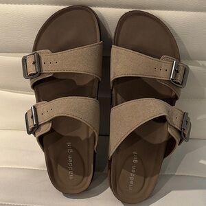 Madden Girl Tan Sandals with Silver Buckles
